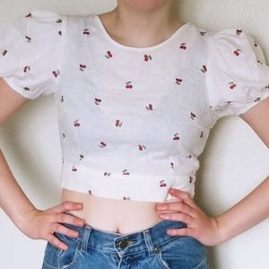Cherry Print Cropped Tie Back Poof Sleeve Blouse